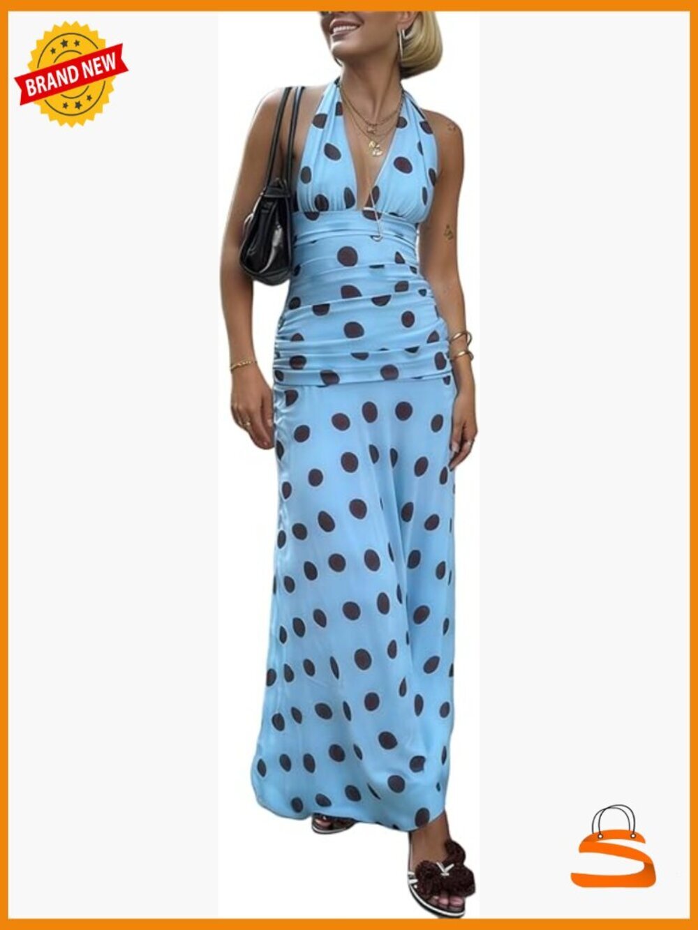 Flowy Polka Dot Halter Maxi Dress Deep V Neck Sleeveless Summer Sundress